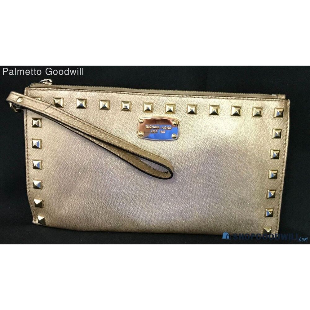 Michael Kors "Sandrine" Studded Wristlet Clutch Gold Purse Pre-Owned